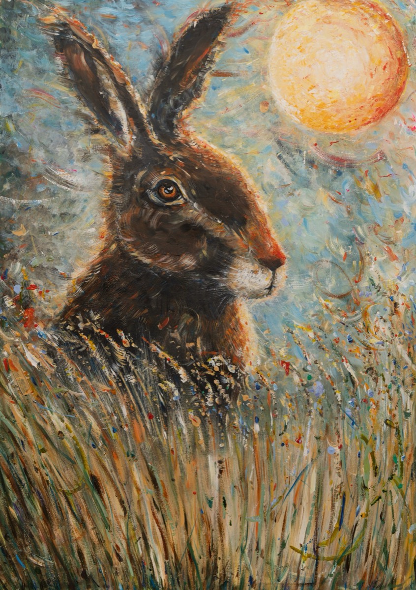 A painting of a hare in long grass under a low sun, by Bobbi